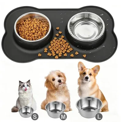 Produktbild von Famanu Futterschale für Hunde und Katzen - Edelstahl mit rutschfester Silikonmatte, S 36 x 21 cm