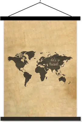 Produktbild von MuchoWow® Textilposter Weltkarte - Vintage - Zitat 120x160 cm mit schwarzem Rahmen - Magnetischer