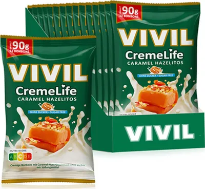 A display of VIVIL CremeLife Caramel Hazelitos sugar-free candies in their packaging.