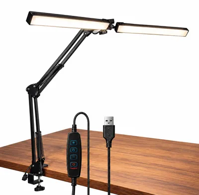 Obrázok produktu pre LED stolná lampa LUMILED CETUS s klipom, 15W, 600lm, dvojitý rameno, nastaviteľná farba svetla (CCT), stmívateľná, čierna. 2 nastaviteľné ramená, 3 farby svetla (3000/4500/6500K), 10 úrovní jasu, USB-A, funkcia pamäte