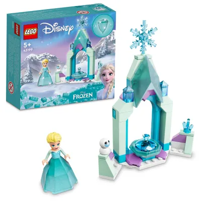 A LEGO Disney Frozen set featuring Elsa and Olaf, with the product box and assembled toy shown.