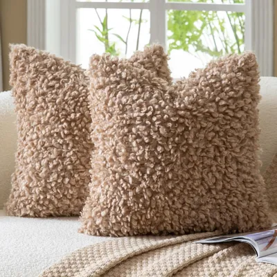 Obrázok produktu pre Sada dvoch obliečok na vankúše, 60x60 cm, farba khaki, imitácia kožušiny, bouclé, sherpa, dekoratívne vankúše