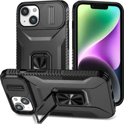 Produktbild von Handyhülle für iPhone 13 Dual Layer Hülle mit Schiebe Kamera Schutz und Ringhalter Ständer Schwarz