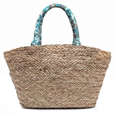 Image de Sac cabas en rotin, style bohème chic, avec ruban décoratif