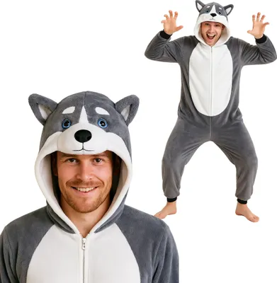 A man wearing a husky costume.