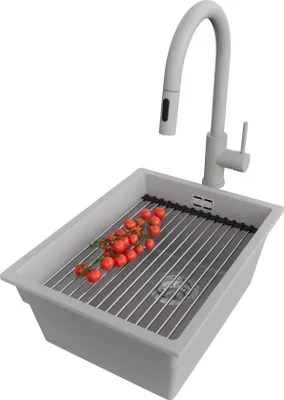 Produktbild von PRIMAGRAN Unterbauspüle Granit Grau 36x47cm, Spülbecken 1 Becken + Ablauf-Set + Küchenzubehörset, Granitspüle ab 40er Unterschrank - Praga