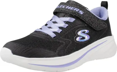 A single black Skechers sneaker with purple accents and laces is shown against a white background.