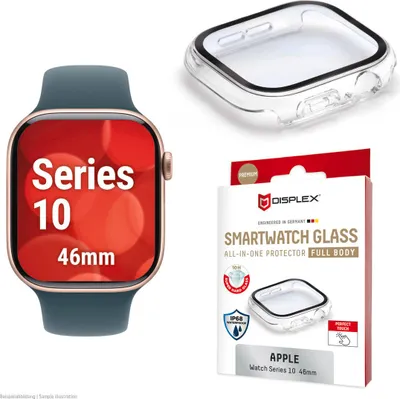 Produktbild von Displex 10H Panzerglas für Apple Watch 11/10 (46mm), Full Body Schutz, IP68, Snap-On, transparent, Displayschutz, Smartwatch, Transparent, Apple, Apple Watch 11/10 (46mm), Polycarbonat (PC), Gehärtetes Glas