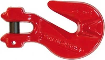 A single red metal hook is shown against a white background.