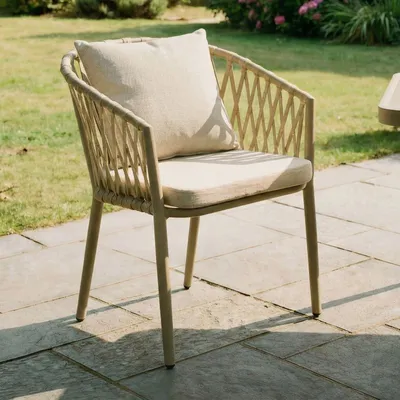 Produktbild von Gartenstuhl Sunny 6er Set, champagner/beige, robuste Outdoor-Stühle mit Rope Bespannung. Wasserabweisende Sitzpolster, Gestell aus pulverbeschichtetem Aluminium.
