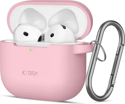 A pink silicone case for Apple AirPods with a silver carabiner clip attached.