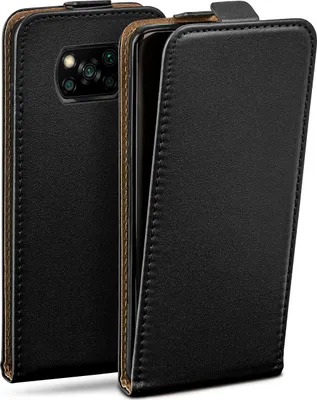 A black flip case for a smartphone, shown from the back and side.
