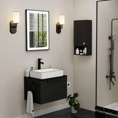Image de Ensemble de meubles de salle de bain 3 pièces comprenant : meuble sous vasque de 60 cm, meuble suspendu, et vasque, de couleur blanche