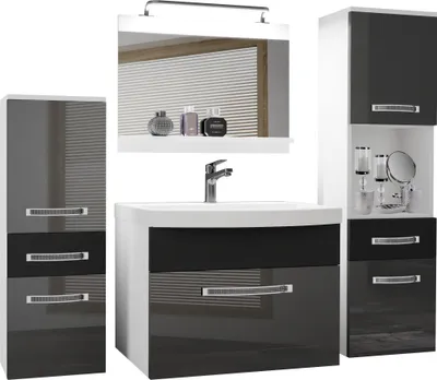 Produktbild von BELINI Badmöbel Vollausstattung Set Waschbeckenschrank, 1x kleiner Schrank, 1xHochschrank, Waschbecken, Spiegel, Lampe (Silber/ Schwarz, Glänzend und Matt)