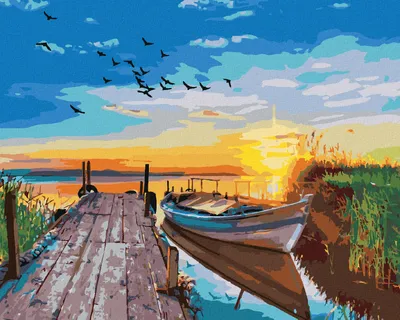 Produktbild von Zuty - Malen nach Zahlen - SONNENUNTERGANG ÜBER DEM SEE MIT EINEM BOOT, 40x50 cm, mit Keilrahmen (bereits gespannt)