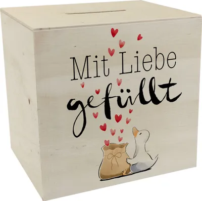 Produktbild von Ente Spardose aus Holz mit Spruch Mit Liebe gefüllt