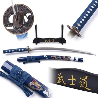 Zdjęcie produktu dla Samurajski Miecz Katana Z Wygrafiowanym Niebieskim Dragonem + Stojak Hk1149