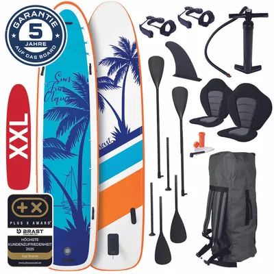 Produktbild von BRAST SUP Board Family | Aufblasbares Stand up Paddle Set XXL | 370x87x15cm bis 250kg | 7 Designs | inkl. Zubehör 2X Kajak-Sitz 2X Fußschlaufe 2X Paddel Pumpe Rucksack | Hawaii