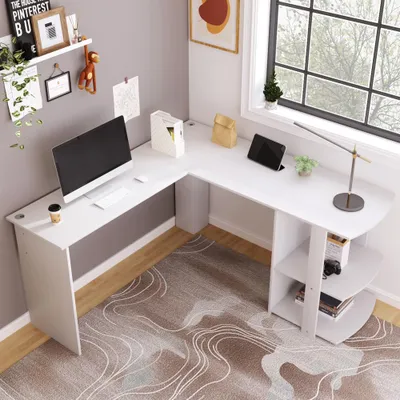 Produktbild von L-förmiger Eck-Schreibtisch 140 x 140 cm weiß mit 2 Ablagen und Kabelführung