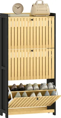 Produktbild von HOMCOM Schuhschrank für 18 Paar Schuhe, schmaler Schuhschrank, Flurmöbel mit 3 Klappschubladen, Lamellentüren aus Bambus, 60 x 24 x 118 cm, Schwarz und Naturholz