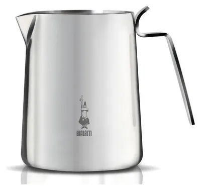 A stainless steel milk frothing pitcher with a handle and spout, featuring a small logo and brand name on its side.