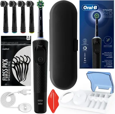 A collage of an electric toothbrush set, including the toothbrush, replacement heads, charging accessories, a travel case, and floss picks.