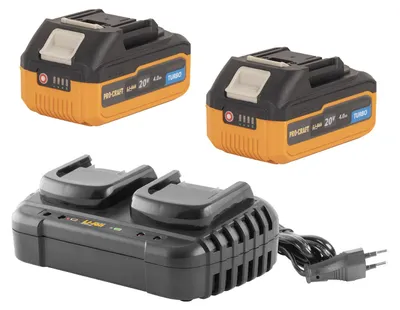 Imagen del producto de Dos baterías de 20V y 4Ah de la marca Procraft, modelo 20/4 Turbo, y un cargador para dos baterías de 20V/2Ah