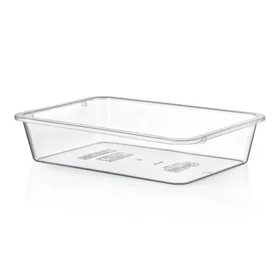 A clear, studio shot of an empty, rectangular, transparent plastic storage container on a white background.