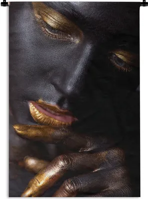 Produktbild von MuchoWow® Wandteppich Wandbehang Frau - Schwarz und Gold - Schwarz 90x135 cm Tapisserie Dekoration Wandtuch - Baumwolle - Wandskulptur