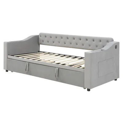 Produktbild von Flieks Schlafsofa Sofabett 90x190cm/180x190cm mit Ausziehbett, Polsterbett Tagesbett Daybed mit Ladefunktion, Jugendbett Gästebett, Samt, Grau