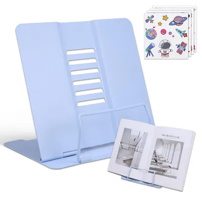 Image de Support de livre pliable en métal, avec 6 positions réglables, idéal pour l'école, la cuisine et le bureau. Couleur : bleu