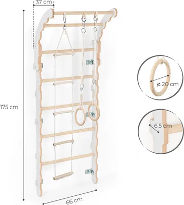Immagine prodotto di Midi spalliera a parete per stanze dei bambini | Spalliera con gradini d'arrampicata + anelli da ginnastica + scaletta d'arrampicata | 100% ECO