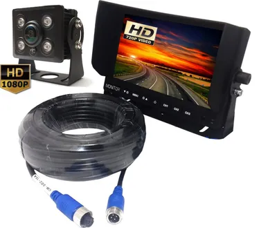 Imagen del producto de Kit de cámara de visión trasera AHD de gran angular, resolución 1080P, con monitor de 7 pulgadas, 12V/24V, cable de 15 metros, conector de 4 pines