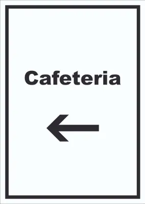 Produktbild von Cafeteria Schild mit Text und Richtungspfeil links Selbstbedienung hochkant A2 Rückseite selbstklebend
