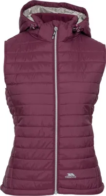 A burgundy quilted vest with a hood is shown against a white background.
