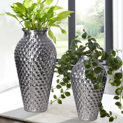 Produktbild von FineBuy Deko Vase 2er Set Aluminium Silber Amphore Blumenvase Dekovase Rund 2-teilig für Blumen Alu Tischvase Wohndeko Metall Tischdeko Handgefertigt