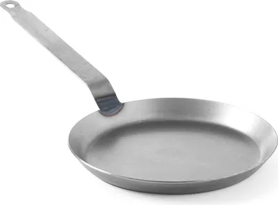 A silver frying pan with a long handle, shown against a white background.