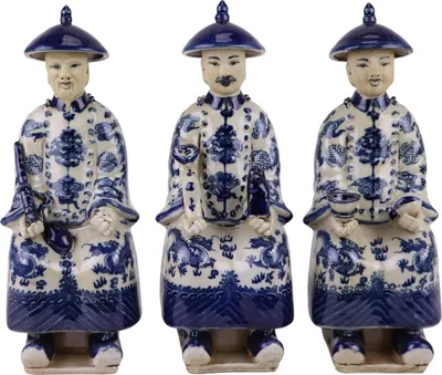 Immagine prodotto di Fine Asianliving cinese imperatore seduto statuette in porcellana tre generazioni blu bianco dipinto a mano Set/3 W11xD10xH27cm