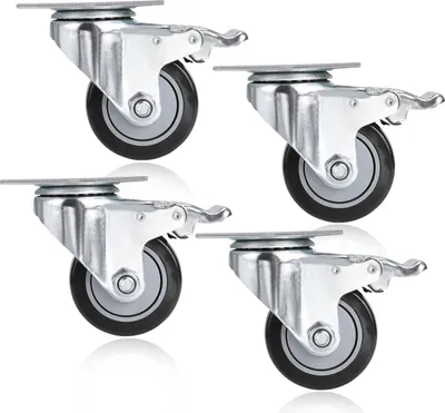 Produktbild von 4 Stück 75mm Gummi Transportroller mit Bremse, Tragfähigkeit 400kg, Schwarz