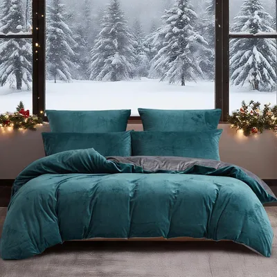Produktbild von Winter Bettwäsche 135x200 cm 4-teilig Petrol Grau Plüsch-Mikrofaser mit Reißverschluss