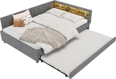 Obrázek produktu pro Sweiko denní lůžko, 140x200cm, denní lůžko, rozkládací pohovka, úložný prostor na lůžku, USB+Type C, dálkové ovládání pro LED ambientní světlo, postel s výsuvným lůžkem, postel s lamelovým roštem (bez matrace), povlečení, šedá barva