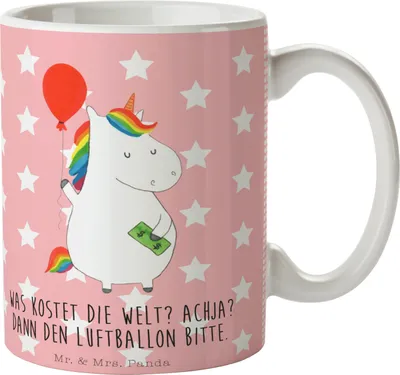 Produktbild von Mr. & Mrs. Panda Kaffeetasse Einhorn Luftballon - Rot Pastell - Geschenk, Becher, Keramiktasse, Tasse, Unicorn, Lebenslust, Einhörner, mit Motiv, Geld, Kaffeebecher