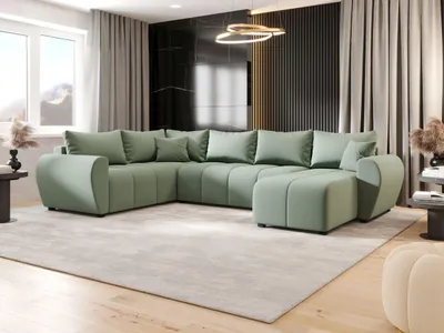 Image de CANAPE MOLISA U PLUS Cosmic 16 Vert clair avec fonction sommeil Canapé en U avec coffre de rangement Canapé salon Canapé-lit Coffre de rangement Canapé-lit