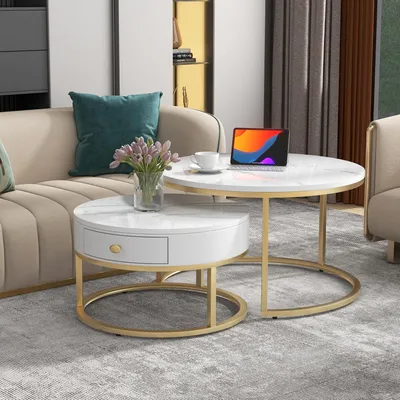 Immagine prodotto di Fortuna Lai Tavolino moderno nesting lucido con motivo marmo Set di 2 tavolini rotondi Tavolino rotondo nesting