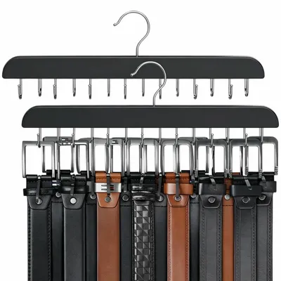 Produktbild von Gürtelaufhänger - Platzsparender Kleiderbügel aus Holz mit 14 Haken - Schrank-Organizer und Aufbewahrung - 2 Stück, 37 cm