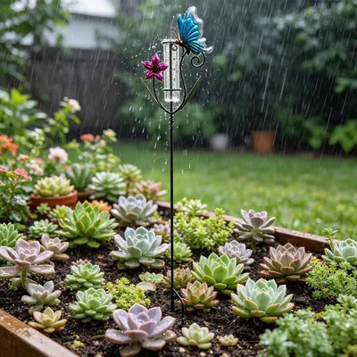 Produktbild von Dekorativer Regenmesser für den Außenbereich mit Schmetterlingsblumen-Design