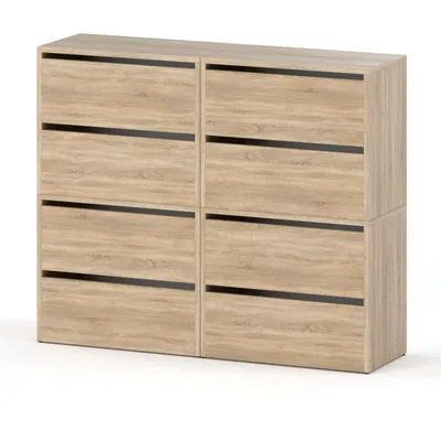A modern, modular shoe cabinet with four flip-down compartments, presented against a white background.