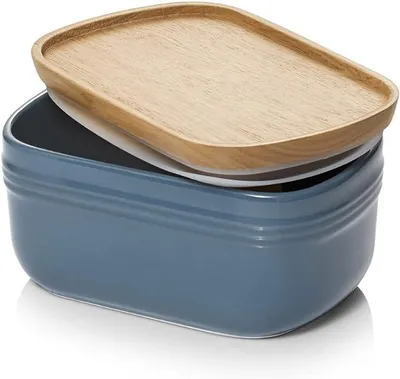 Zdjęcie produktu dla DOWAN ceramiczny pojemnik na masło Duży pojemnik na masło z drewnianą pokrywką, przewiewny niebieski