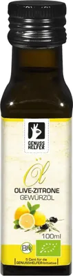 Produktbild von Olive Zitrone Gewürzöl , kaltgepresst, Olivenöl mit Zitrone und Orange verfeinert, fruchtig-mediterraner Geschmack, 100ml
