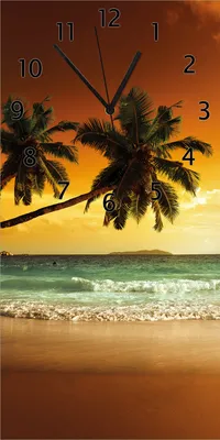 Produktbild von Wallario Design Wanduhr Palmen am Sandstrand bei untergehender Sonne aus Echtglas, Größe 30 x 60 cm